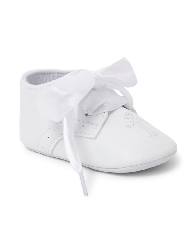 White Christening/Baptism Soft Sole Pram Shoes With Cross - 912