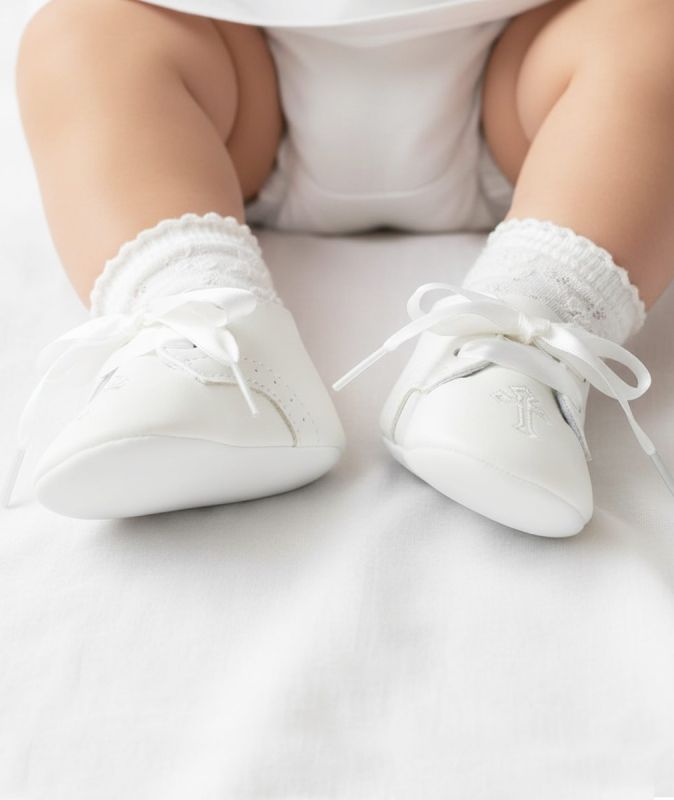 Ivory Christening/Baptism Soft Sole Pram Shoes With Cross - 912
