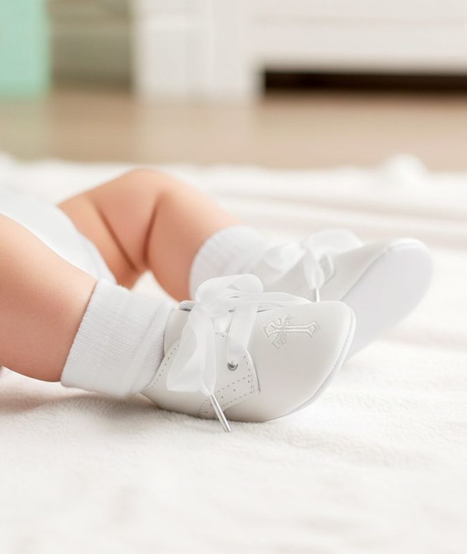 White Christening/Baptism Soft Sole Pram Shoes With Cross - 912