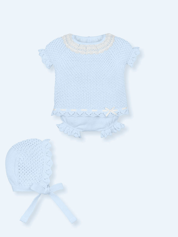 Mac ilusion baby Three Piece Knitted Set With Lace Ruffle Collar - Blue & White - 9228
