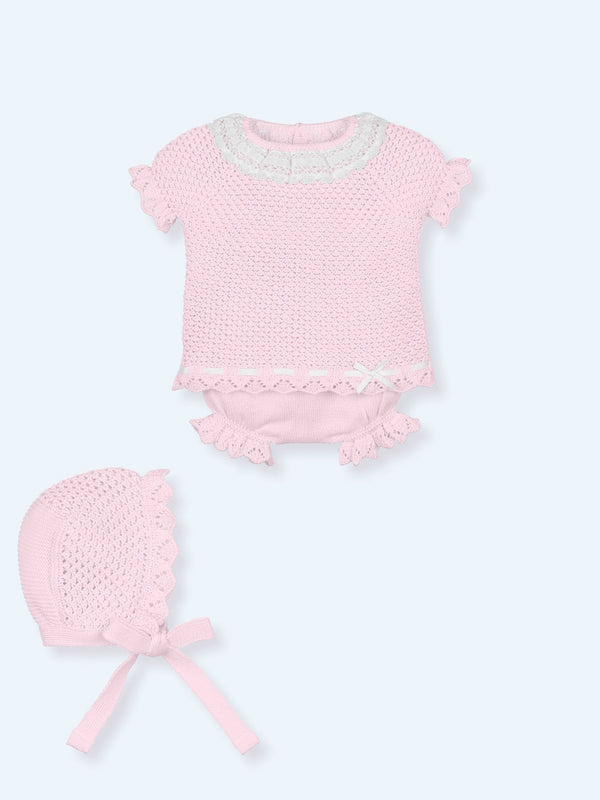 Mac ilusion baby Three Piece Knitted Set With Lace Ruffle Collar - Pink & White - 9228