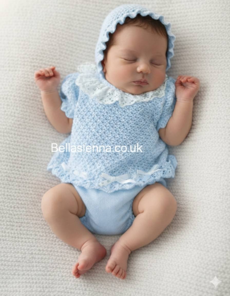 Mac ilusion baby Three Piece Knitted Set With Lace Ruffle Collar - Blue & White - 9228