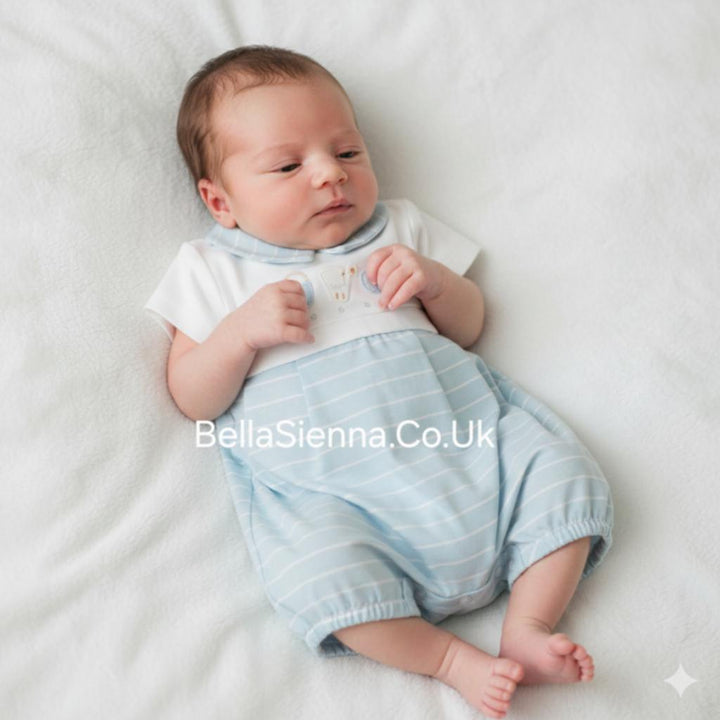 Barcellino Baby Boys Blue & White Romper With Collar - 9282