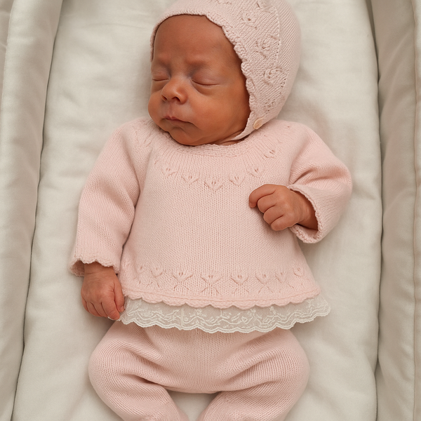 Girls Pink Three Piece Knitted Set & Bonnet - C3014