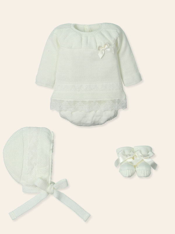Mac ilusion Girls Ivory Four Piece Knitted Set With Lace Detail - 9443 - Crudo