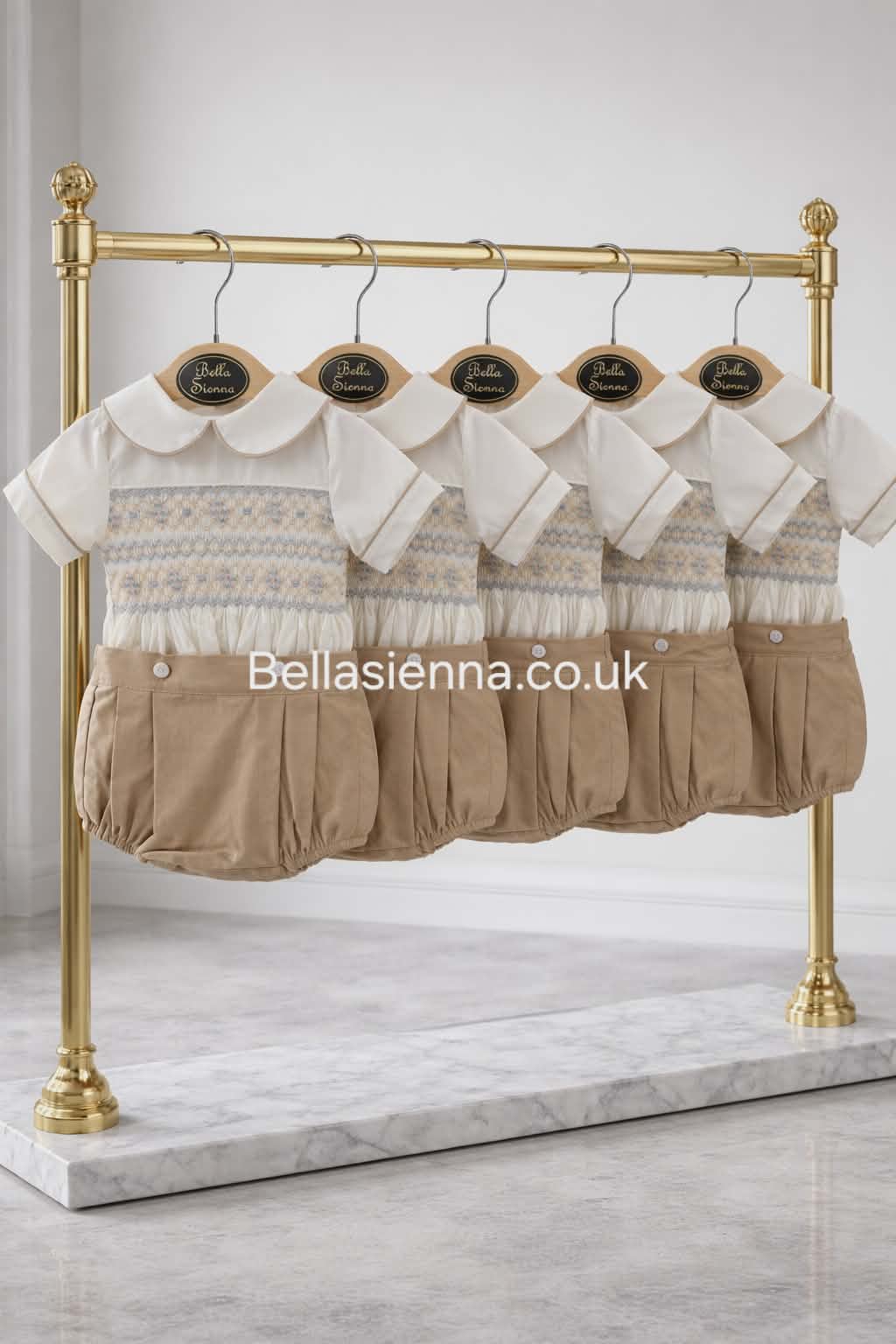 Bella Sienna "EXCLUSIVE" Boys Hand Smocked Beige, Ivory & Blue Two Piece Shirt & Shorts Set