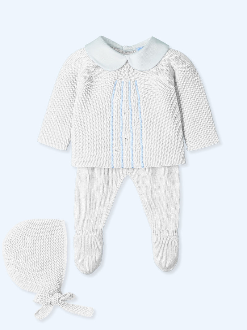 Mac ilusion 9605G BABY THREE-PIECE OUTFIT INCLUDES KNITTED SWEATER WITH PETER PAN COLLAR, LEGGINGS AND BONNET - White & Blue
