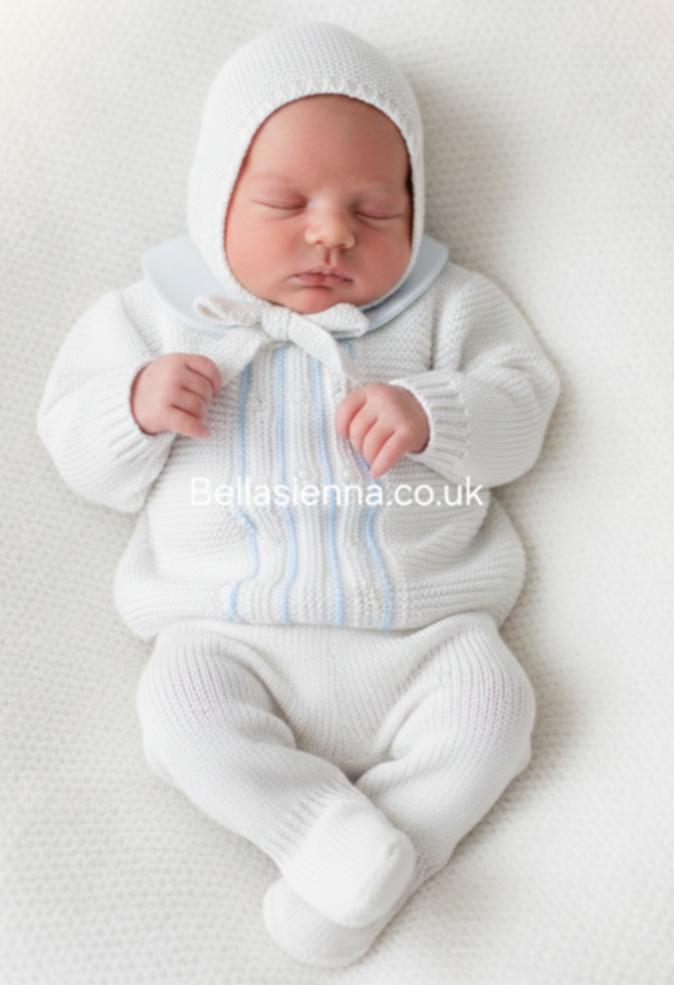 Mac ilusion 9605G BABY THREE-PIECE OUTFIT INCLUDES KNITTED SWEATER WITH PETER PAN COLLAR, LEGGINGS AND BONNET - White & Blue