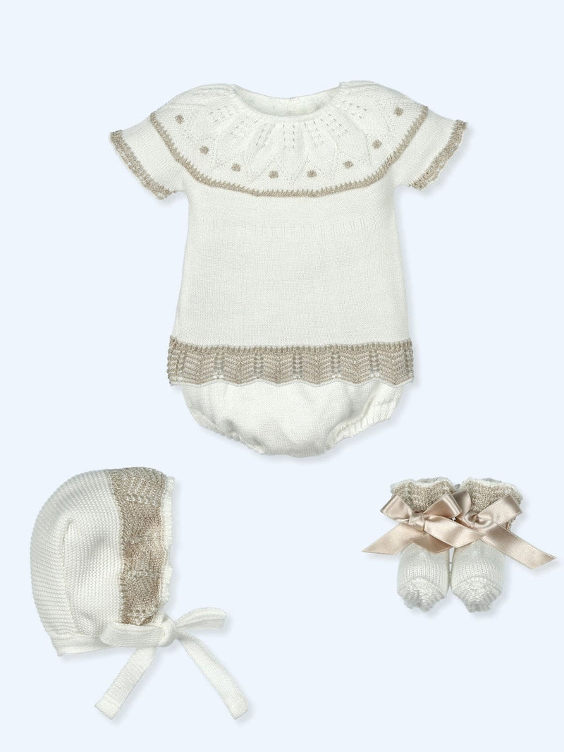 Mac ilusion Knitted Baby Shawl With Ruffle & Bow - Ivory & Beige - TO102