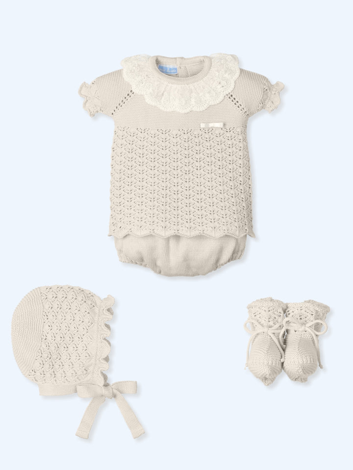 Mac ilusion Baby Girls Light Beige & Ivory Four Piece Set   With Lace- 9637 - NATURAL