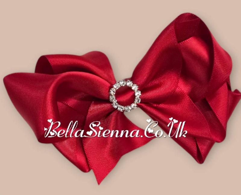 Bowtique London 4 Inch Red Satin Medium Size Hair Bow With Diamanté Centre