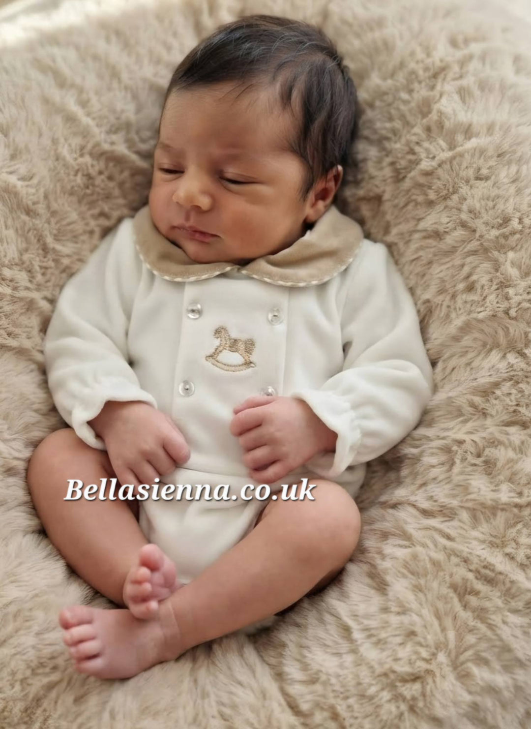 Ivory & Beige Rocking Horse Velour Romper - "George"