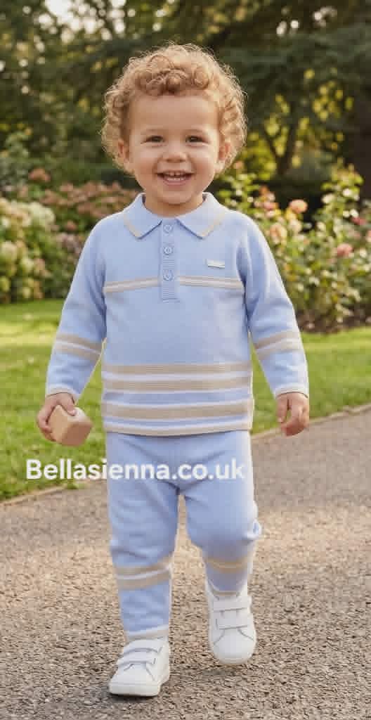 Blues Baby Boys Blue & Beige Knitted Two Piece Jumper & Trouser Set - BB2126