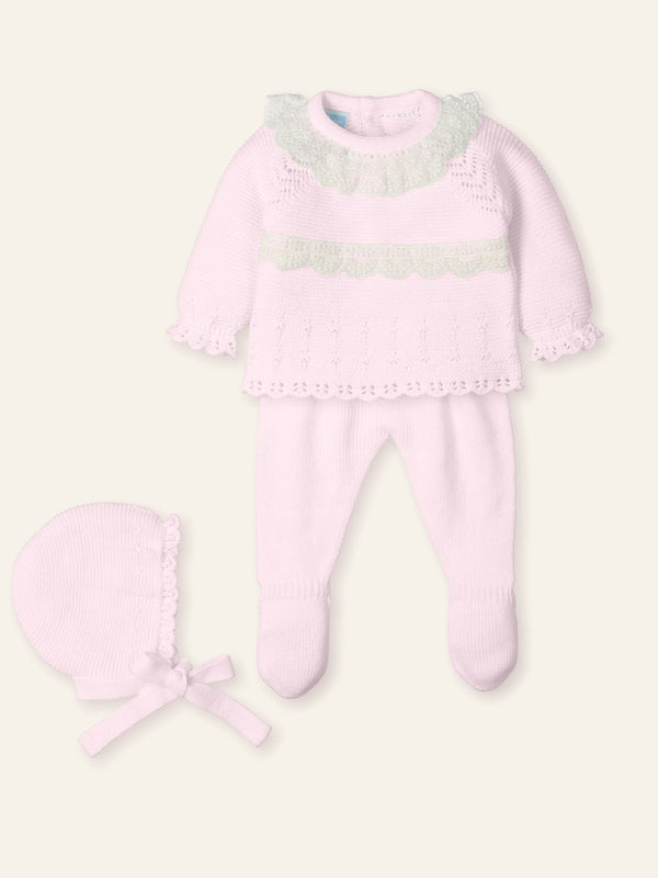 Mac ilusion Baby Girls Three Piece Pink Knitted Set With Ivory Lace - 9820 - Rosa