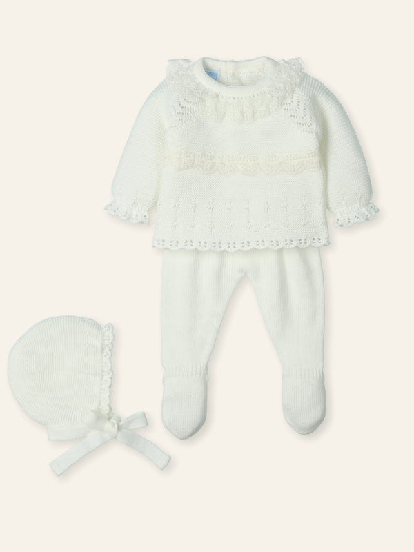 Mac ilusion Baby Girls Three Piece Ivory Knitted Set With Ivory Lace - 9820 - Crudo