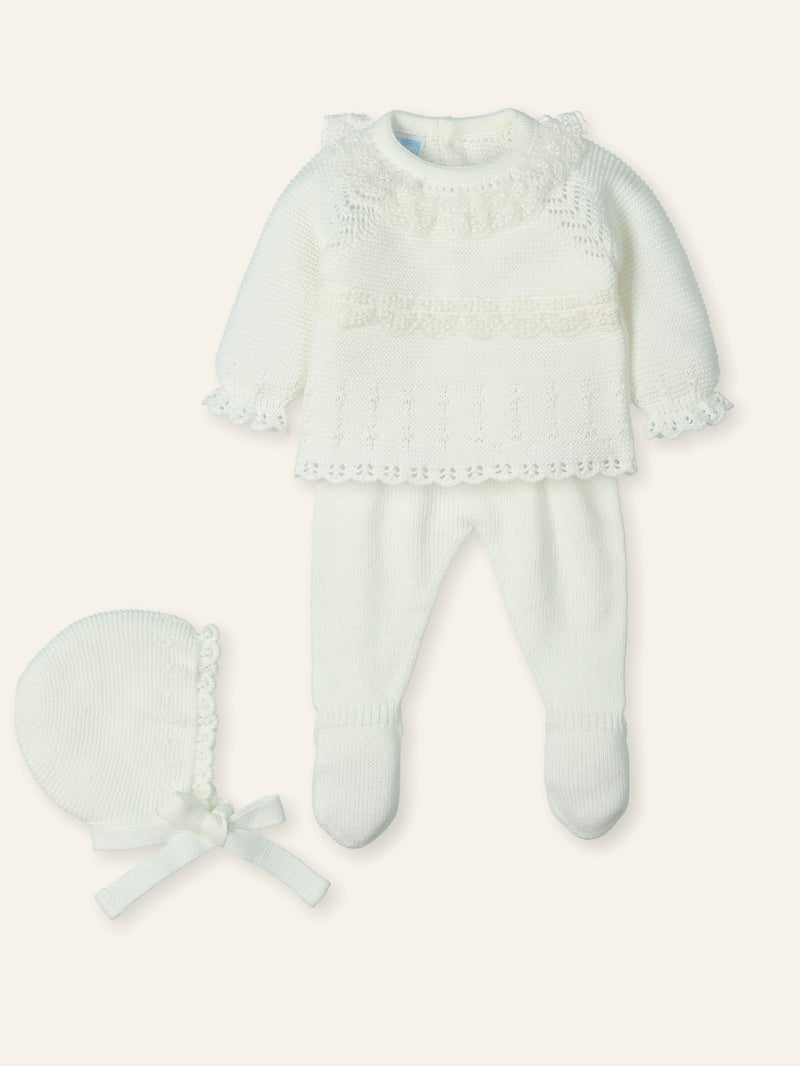 Mac ilusion Baby Girls Three Piece Ivory Knitted Set With Ivory Lace - 9820 - Crudo