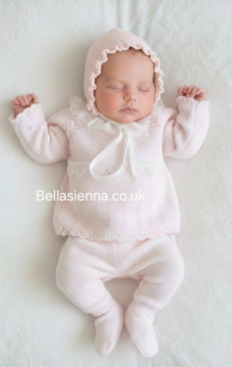 Mac ilusion Baby Girls Three Piece Pink Knitted Set With Ivory Lace - 9820 - Rosa