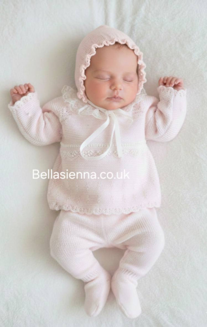 Mac ilusion Baby Girls Three Piece Pink Knitted Set With Ivory Lace - 9820 - Rosa