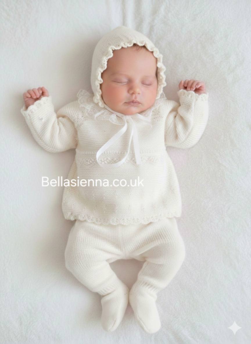 Mac ilusion Baby Girls Three Piece Ivory Knitted Set With Ivory Lace - 9820 - Crudo
