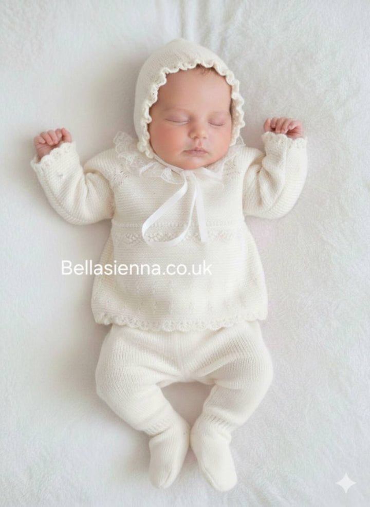 Mac ilusion Baby Girls Three Piece Ivory Knitted Set With Ivory Lace - 9820 - Crudo