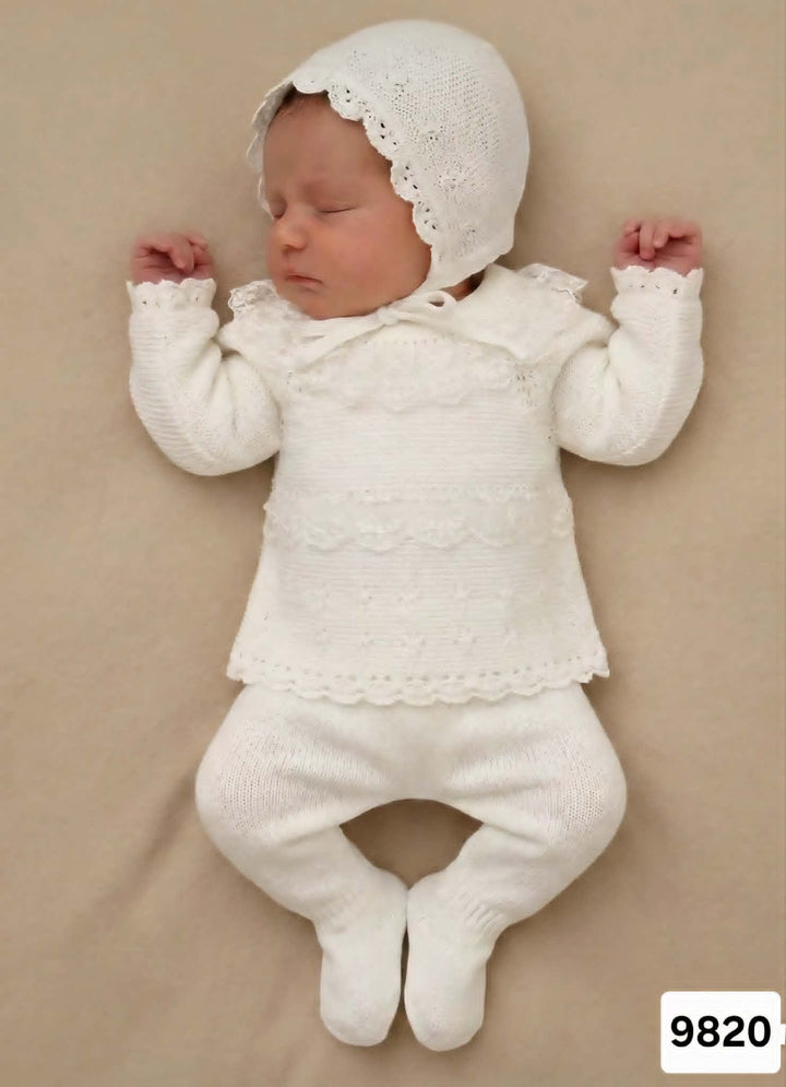 Mac ilusion Baby Girls Three Piece Ivory Knitted Set With Ivory Lace - 9820 - Crudo