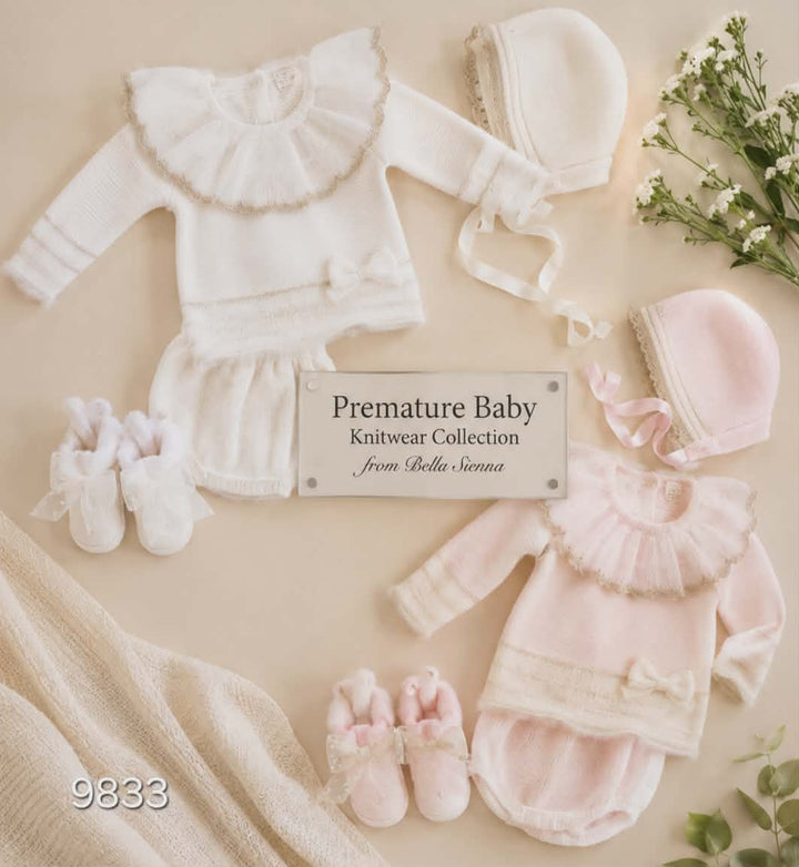 Pretty White & Silver Mac ilusion Four Piece Knitted Set With Tulle Bow & Fur - 9833