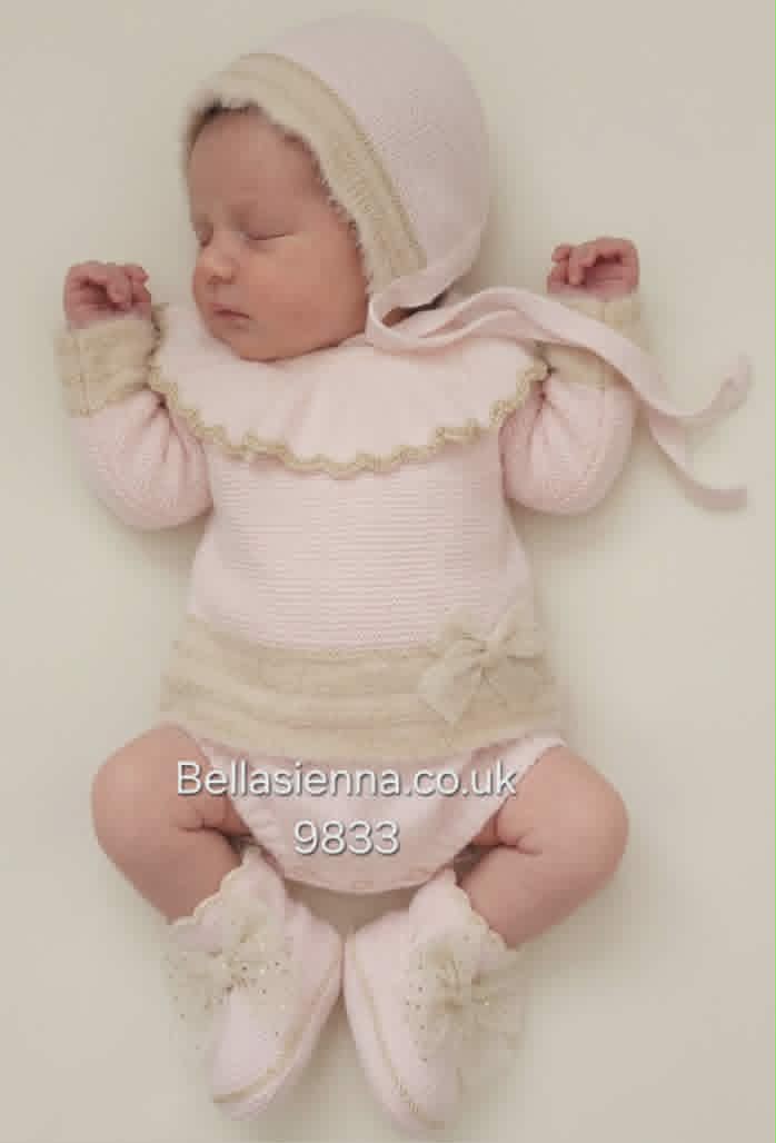 Pretty Pink & Beige Mac ilusion Four Piece Knitted Set With Tulle Bow & Fur - 9833