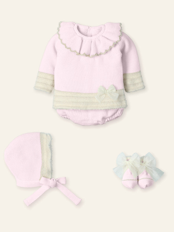 Pretty Pink & Beige Mac ilusion Four Piece Knitted Set With Tulle Bow & Fur - 9833