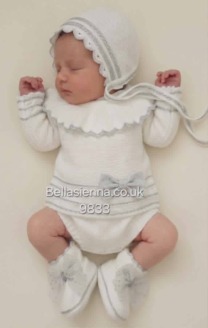 Pretty White & Silver Mac ilusion Four Piece Knitted Set With Tulle Bow & Fur - 9833