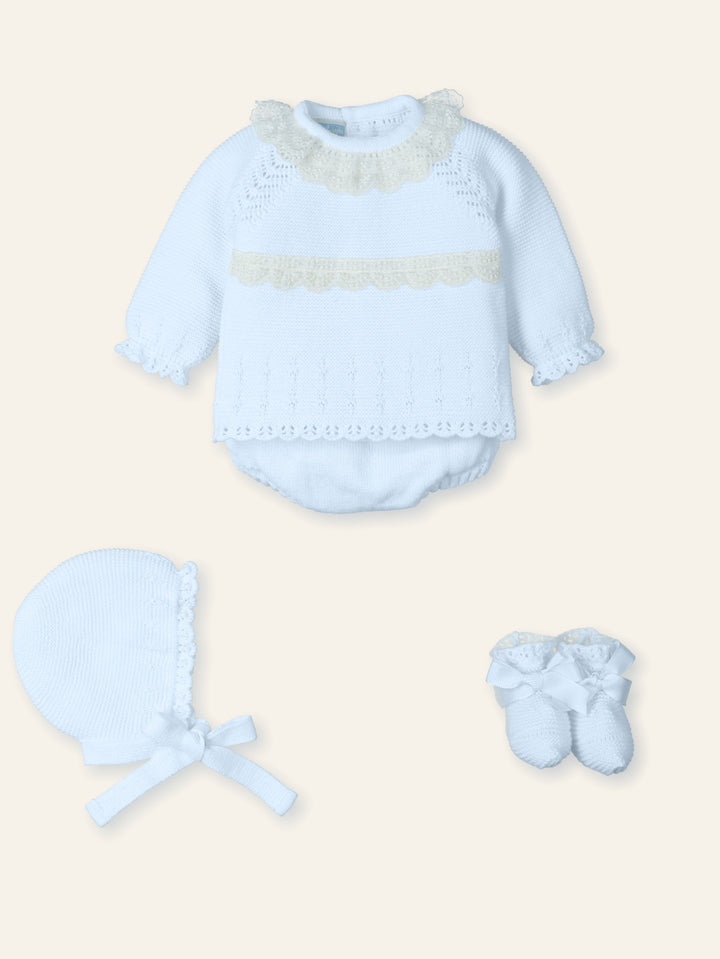 Mac ilusion Baby Girls Four Piece Blue Knitted Set With Ivory Lace - 9842 - Celeste