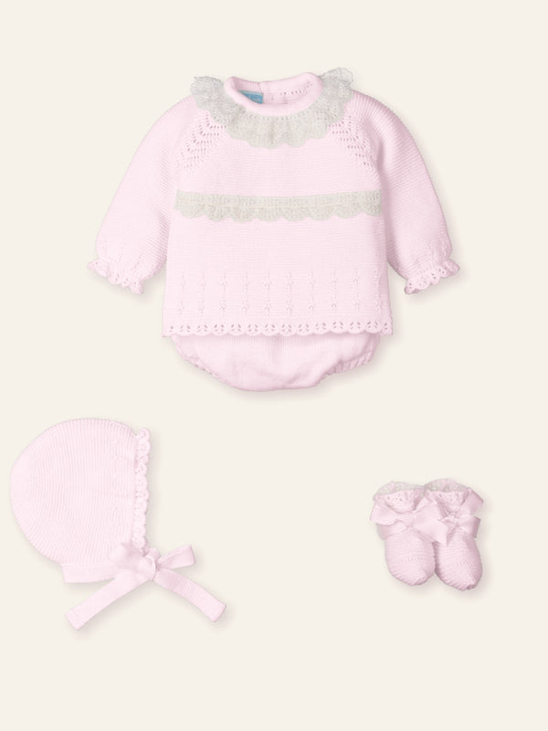 Mac ilusion Baby Girls Four Piece Pink Knitted Set With Ivory Lace - 9842 - Rosa