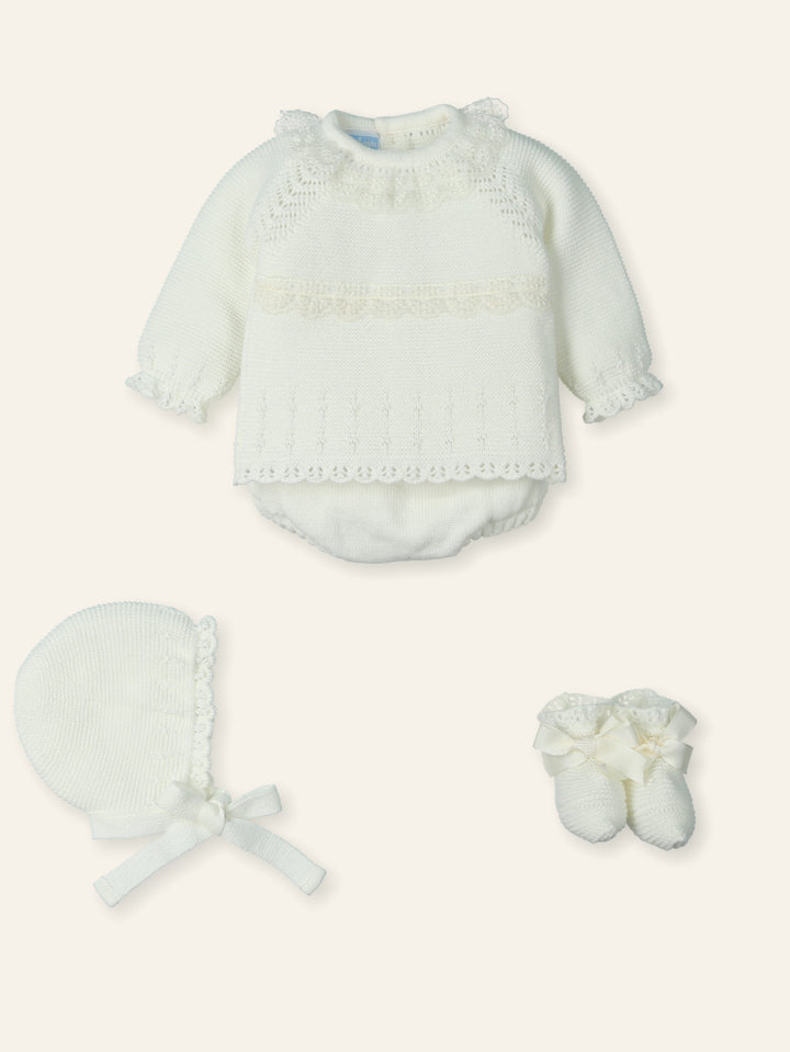 Mac ilusion Baby Girls Four Piece Ivory Knitted Set With Ivory Lace - 9842 - Crudo