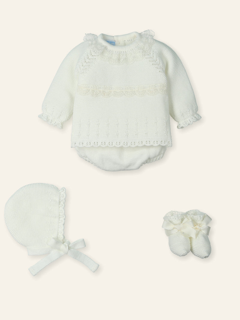 Mac ilusion Baby Girls Four Piece Ivory Knitted Set With Ivory Lace - 9842 - Crudo