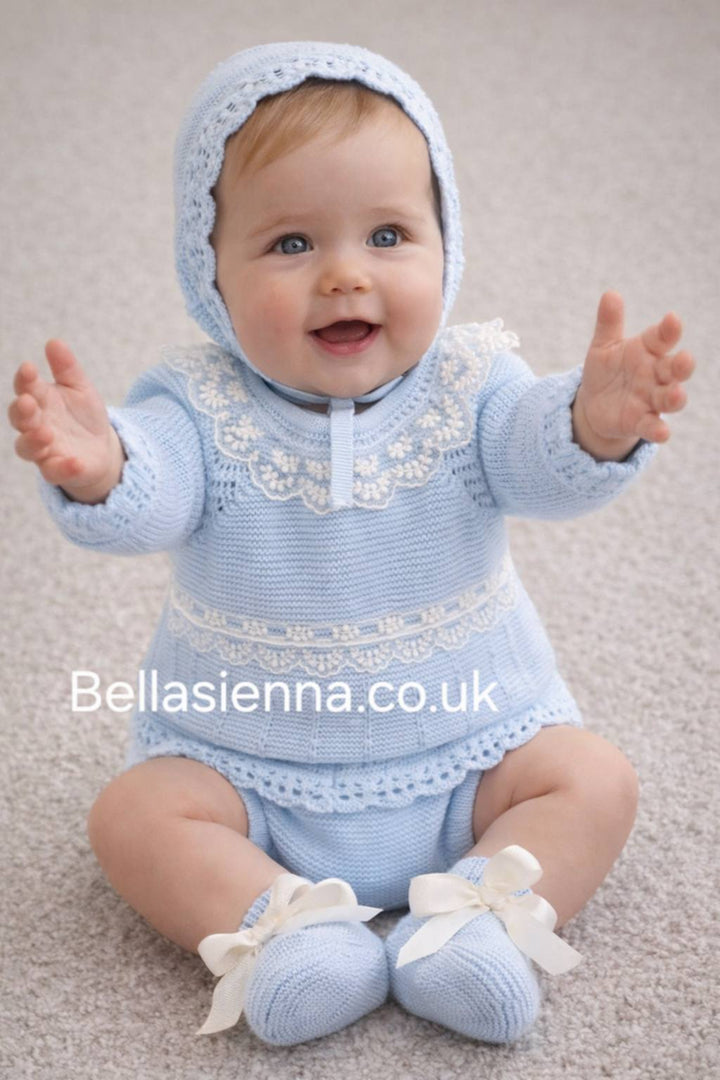 Mac ilusion Baby Girls Four Piece Blue Knitted Set With Ivory Lace - 9842 - Celeste