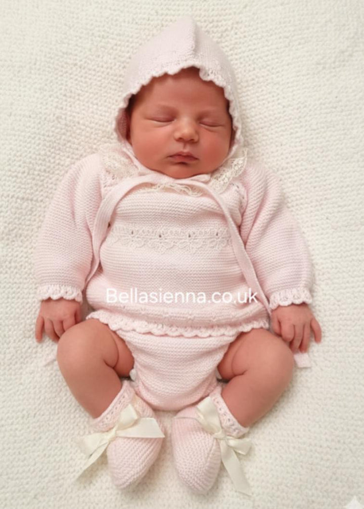Mac ilusion Baby Girls Four Piece Pink Knitted Set With Ivory Lace - 9842 - Rosa