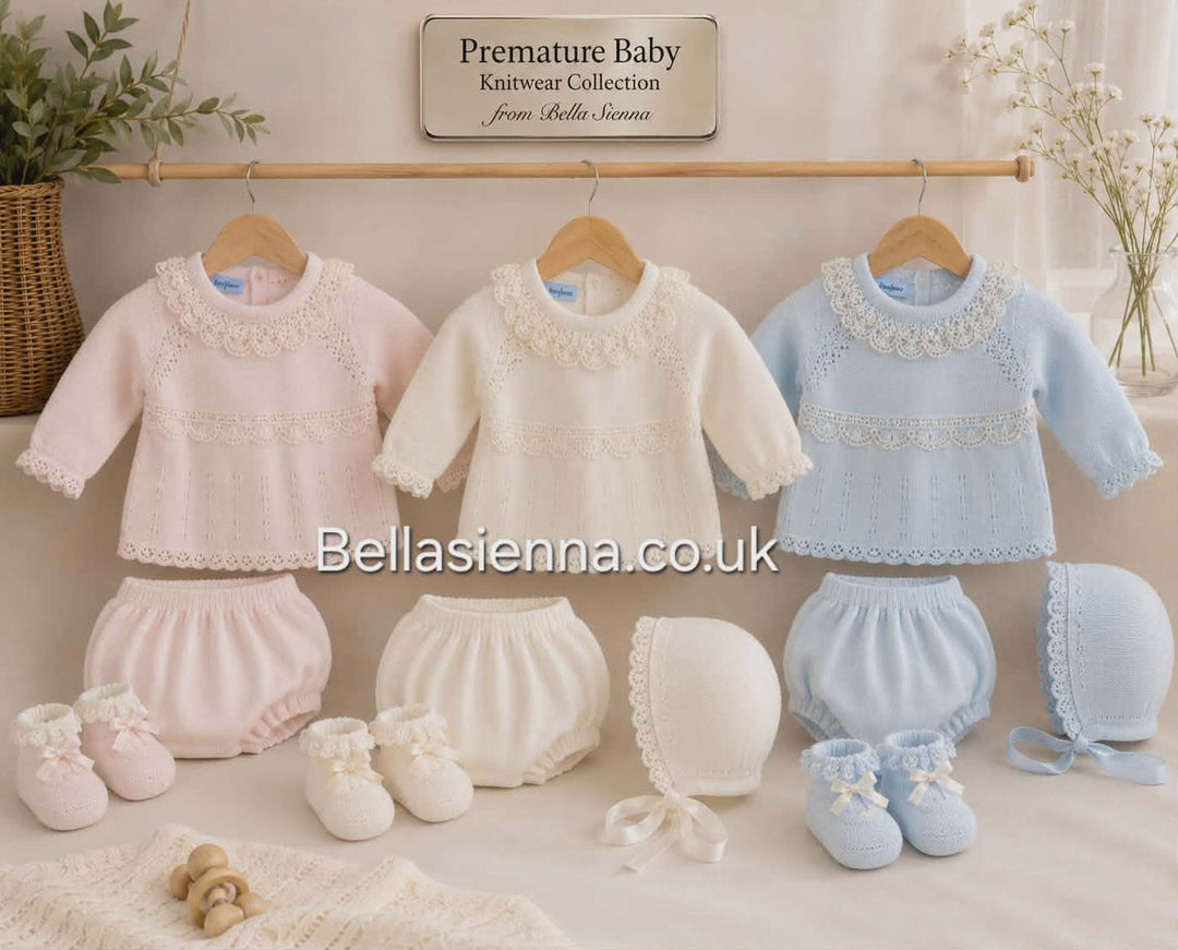 Mac ilusion Baby Girls Four Piece Blue Knitted Set With Ivory Lace - 9842 - Celeste