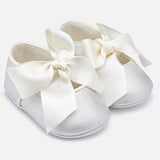 Mayoral Silver/Grey Mary Jane prams shoes with cream tie satin bow. 9930