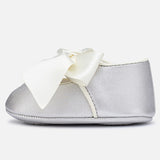 Mayoral Silver/Grey Mary Jane prams shoes with cream tie satin bow. 9930