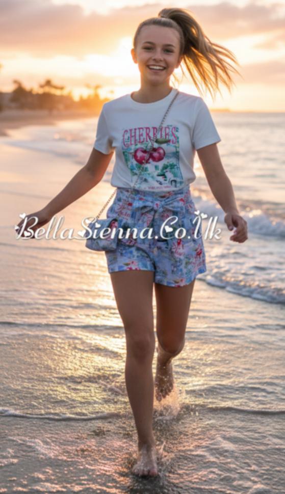 Girls Three Piece Shorts Set With Matching Hand Bag - "CHERRIES"
