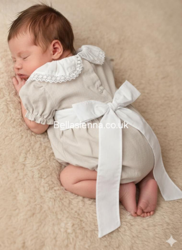 Girls Beige & White Smocked Romper With Bow On The Back - SG105