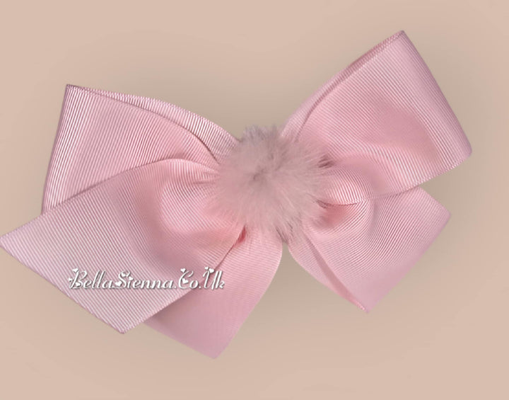 Bowtique London 6 Inch Pink Grosgrain Large Hair Bow With Fur Pom