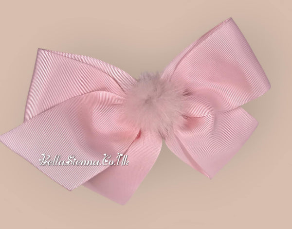 Bowtique London 6 Inch Pink Grosgrain Large Hair Bow With Fur Pom