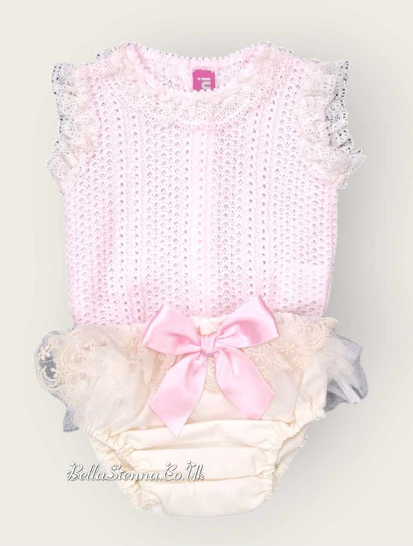 Nini Baby Girls Fine Pink And Cream Knit Summer Set With Lace