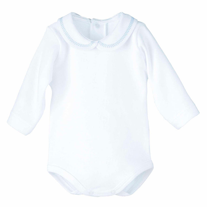 Calamaro White Long Sleeved Bodysuit With Collar Trimmed With Baby Blue - 19059