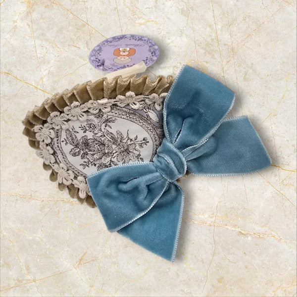 Abuela Tata Girls Blue And Beige Velvet Bow Headband
