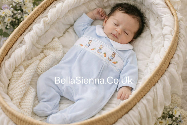 Blue Velour Smocked Babygrow With Embroidered Rabbits - 40JTC9386