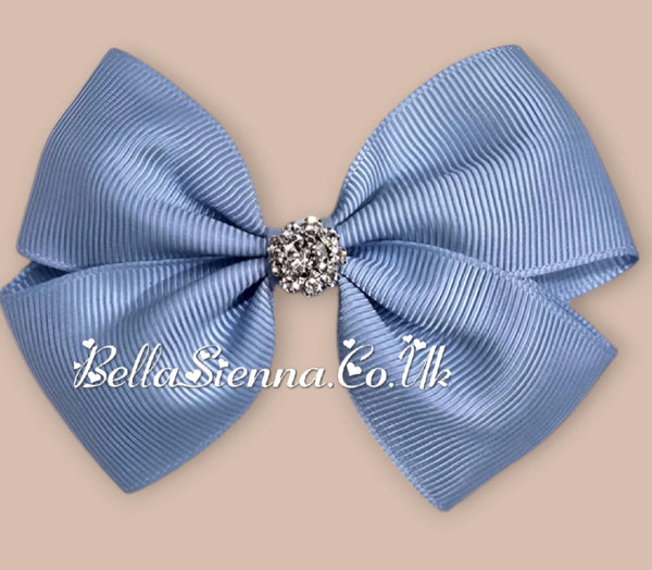 Bowtique London 4 Inch Light Blue Grosgrain Medium Size Hair Bow With Diamanté Centre