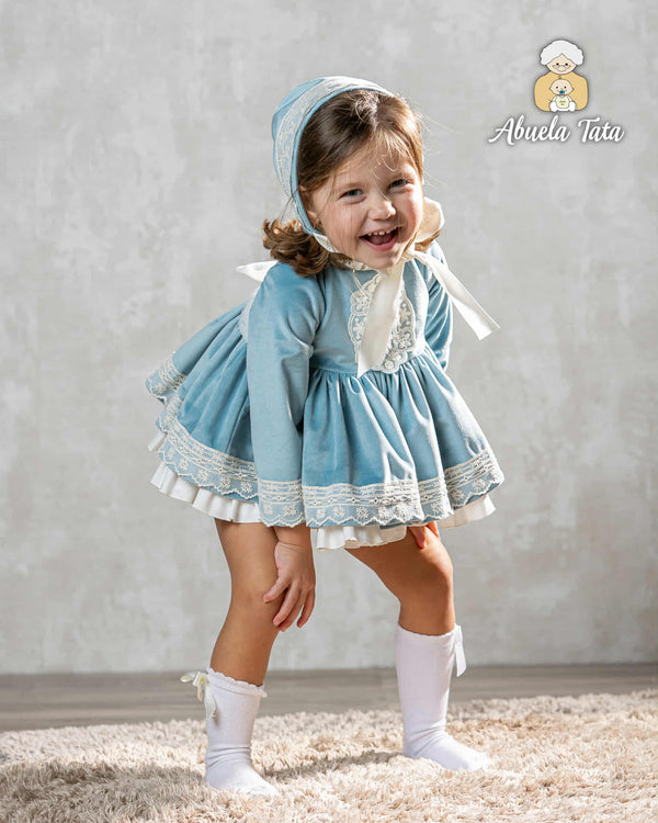 Abuela Tata Velvet & Lace Dress, Pants & Bonnet Set - 1299393