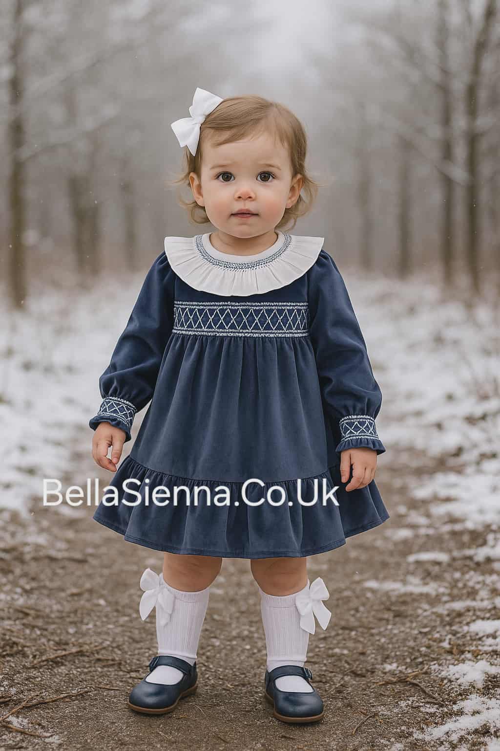 Deolinda Girls Navy & White Luxurious Velvet Smocked Dress - DBI25415