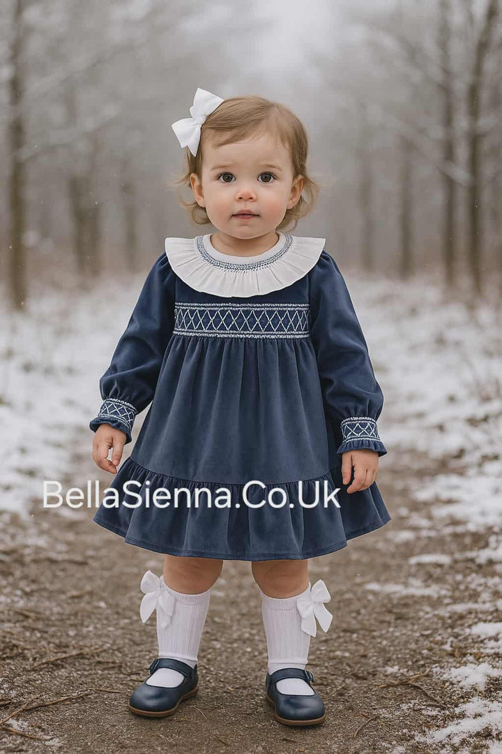 Deolinda Girls Navy & White Luxurious Velvet Smocked Dress - DBI25415